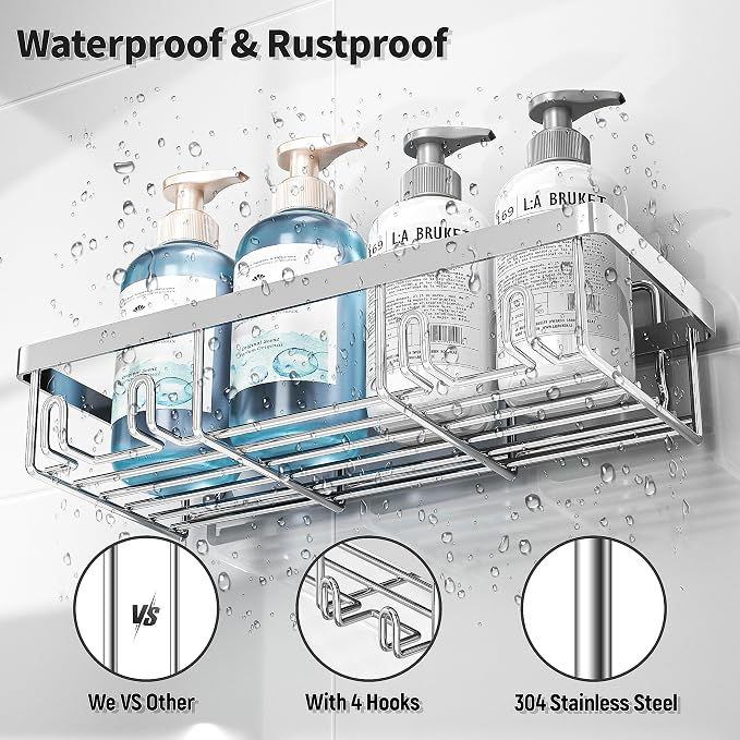 Liuoud 5 Pack Shower Caddy Organizer Rack Shelf for Inside Shower, Self Adhesive Bathroom Wall Storage Basket Rustproof Stainless Steel Large Capacity Shampoo Holder, Silver - Image 5