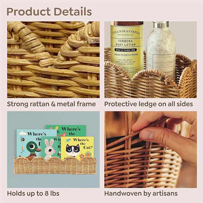 Nursery Book Shelves Set of 2 - Artisanal Natural Rattan Scalloped Book Shelf for Kids Rooms 15.8" W, Cute Wicker Nursery Bookshelf Wall Mounted, Handwoven Floating Kids Bookshelf, Baby Boho Decor - Image 5