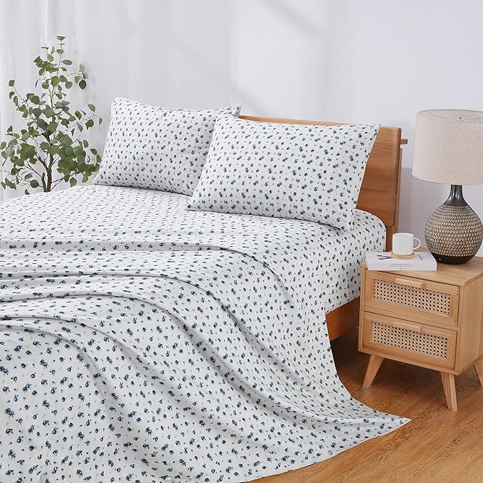 Modern Threads 4-Piece Ultra Soft Microfiber Bed Sheets Set, Wrinkle Free Sheets with Deep Pockets Fitted Sheet, Flat Sheet & Pillowcases, Lightweight Breathable Bedding, Blue Roses, King