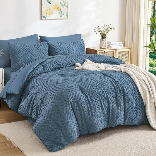 Andency Queen Comforter Set 7 Piece Ocean Blue - Bed in a Bag Queen Boho Lightweight Fluffy Tufted Bedding Sets with Comforter, Sheets, Pillowcases & Shams