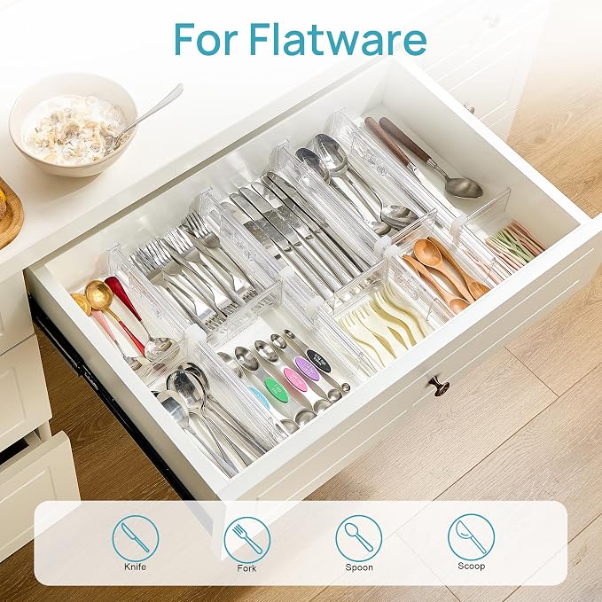 Vtopmart 2.36” Drawer Dividers with Expandable Inserts, 12.8"-22.3" Adjustable Kitchen Drawer Organizer, Clear Plastic Organizer Separator for Flatware, Utensil, Cutlery, 4 Dividers with 6 Inserts - Image 5
