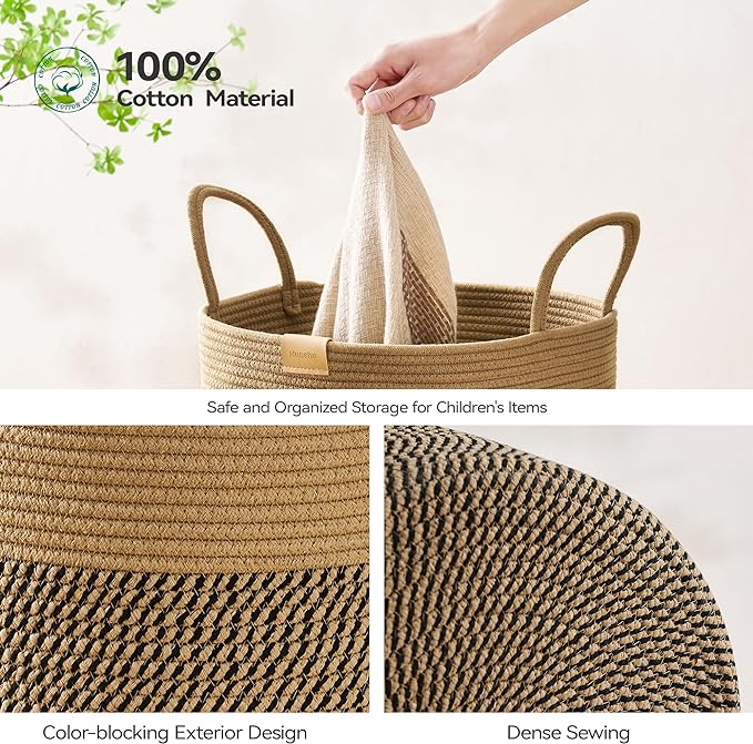 Nunsino Laundry Hamper 95L,Large Laundry Basket for Clothes,Decorative Storage Basket for Blankets,Cotton Rope Woven basket for bedroom,Dark Brown - Image 5