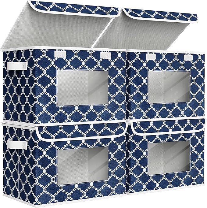 Univivi Fabric Foldable Storage Boxes [4-Pack] Large Collapsible Stackable Storage Bins with Lids, Closet Organizers and Storage Cube Basket for Home, Office, Bedroom (Blue Lantern, 17”x 12” x 12”) by Univivi