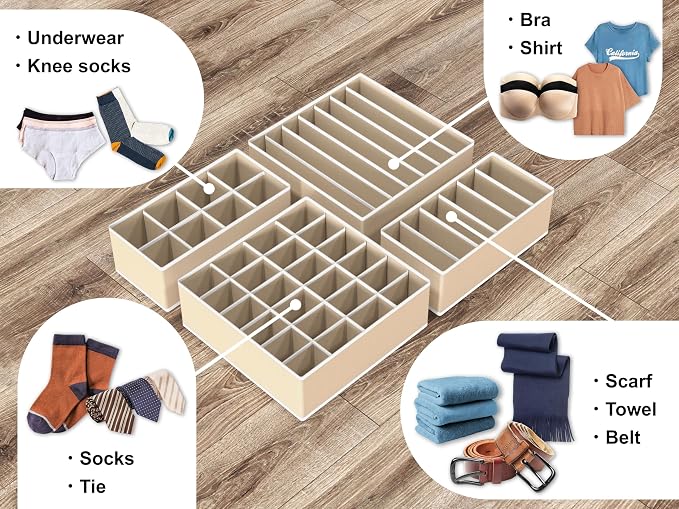 Simple Houseware 4-Pack Drawer Organizer Set - Closet Dividers for Underwear, Socks, Bras, Scarves, Ties - Foldable Non-Woven Storage Boxes, Beige - Image 4
