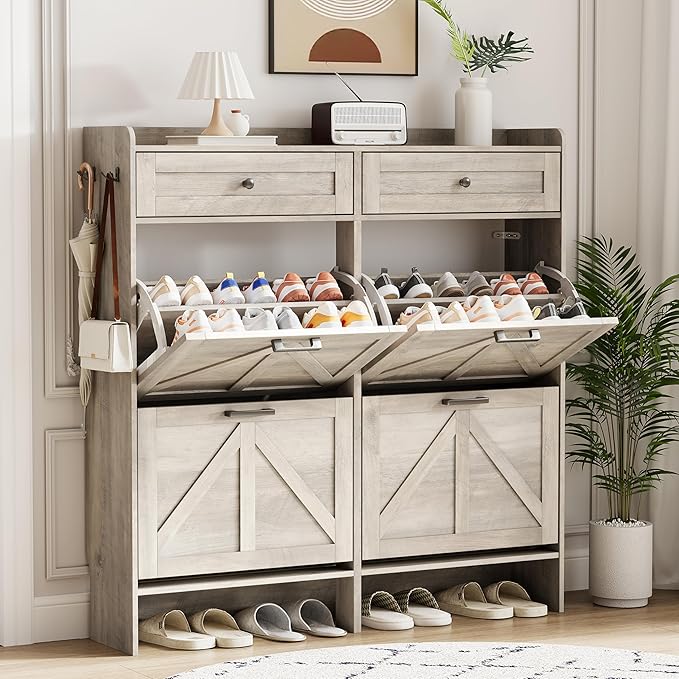 Shoe Cabinet with 4 Flip Drawers & 2 Top Drawers, 43" Tall Freestanding Narrow Wooden Shoe Storage Organizer for Entryway, Hidden Slim Shoe Rack for Front Door Entrance, Hallway, Living Room, Grey by Xixini