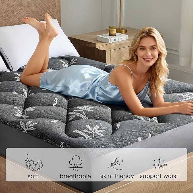 Mattress Topper California King Size - Viscose Made from Bamboo Pillow Top Mattress Pad with Deep Pockets - Soft Mattress Topper for Back Pain Relief(72"x84",Black)