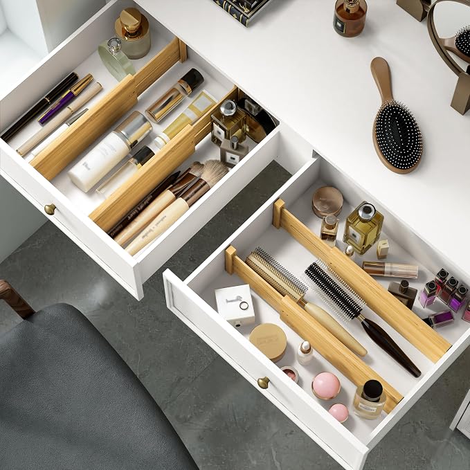 BAMEOS 4 PCS Bamboo Drawer Divider Adjustable Drawer Dividers Kitchen Drawer Organization Utensil Organizers for Kitchen Dresser Bathroom Bedroom and Office - Image 2