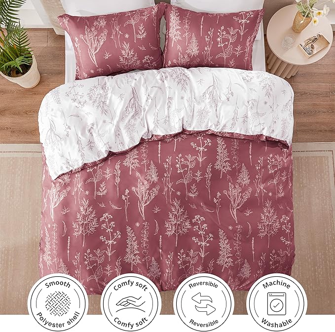 Love's cabin Vintage Rose Comforter Set Queen - Queen Size Comforter Set, 3 Pieces Cute Floral Bedding Sets for All Seasons,1 Soft Reversible Botanical Flowers Comforter and 2 Pillow Shams