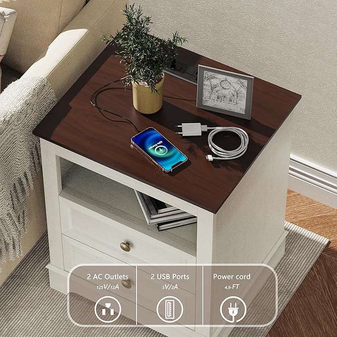 KIGOTY Farmhouse Bedroom Set, 3 Pcs Dresser and Nightstand Sets, 5 Drawer Dresser & 2 Drawer Nightstand Set with Charging Station,Rustic Wood Bedroom Furniture Set for Home,White