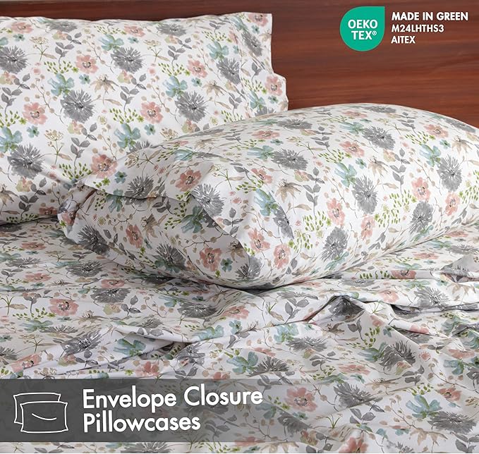 RUVANTI 100% Cotton Sheets – Full Size Percale Bedding, Cooling & Breathable Floral Design, Durable with a Crisp, Soft & Comfortable Feel, 16" Deep Pocket, 4-Piece Set, Dandelion Field