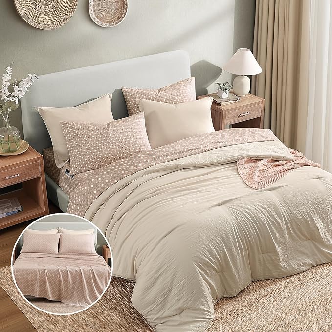 Monbix Full Size Comforter Set - 7 Pieces Oatmeal Prewashed Bed in a Bag Full Bedding Sets with Comforters, All Seasons Ultra Soft Comforter Bed Set with Sheets,Pillowcases & Shams