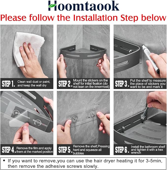 Hoomtaook 2-Tier Corner Shower Shelf No Drilling Bathroom Shelves Shower Caddies Adhesive Bath Corner Shelf Wall Mounted Bathroom Shower Caddy Organizer - Dark Grey - Image 4