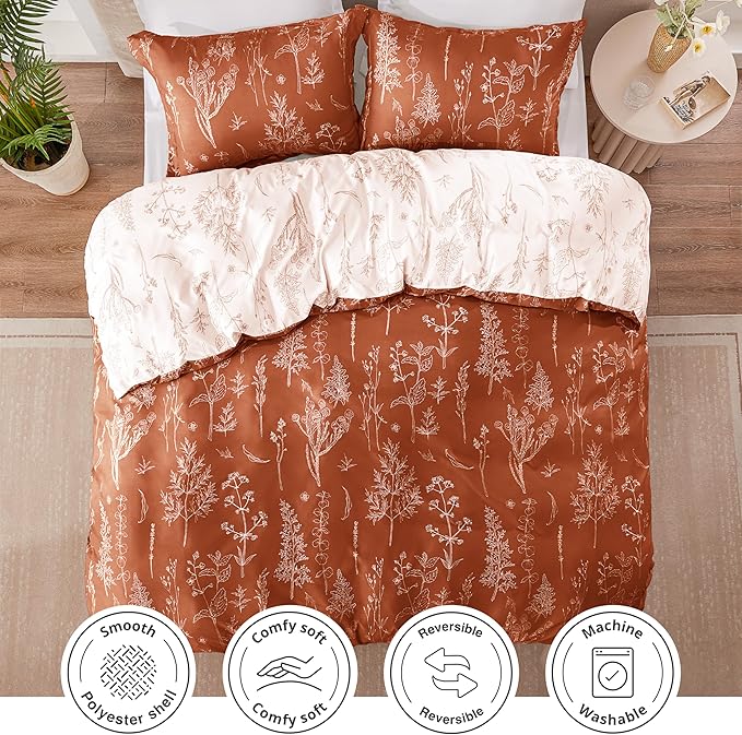 Love's cabin Terracotta Full Comforter Set - Full Size Comforter Set, 3 Pieces Cute Floral Bedding Sets for All Seasons,1 Soft Reversible Botanical Flowers Comforter and 2 Pillow Shams