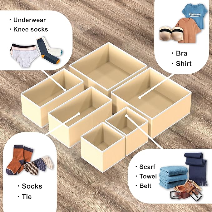 Simple Houseware Underwear Drawer Organizer for Lingerie/Undergarment/Bra/Panty/Sock/Onesie, Set of 6, Beige - Image 4