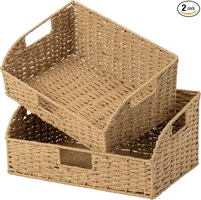 StorageWorks Pantry Baskets for Organizing, Paper Rope Storage Baskets for Shelves with Built-in Handles, Pantry Organizers and Storage, Natural, Set of 2 (Large and Medium) by StorageWorks