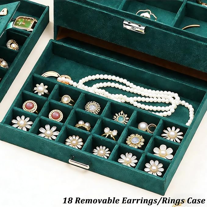 QBestry Jewelry Box for Women with Drawer, 3-Layer Large Jewelry Organizer with Lock & Key, 8 Necklace Hooks & 56 Earring Holes, Green Velvet Jewelry Storage Box for Necklaces Earrings Rings Bracelets - Image 6