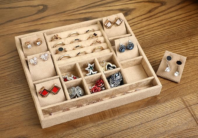 Solid Walnut Wood Jewelry Box with Lock, 2-Layer Vintage Jewelry Organizer for Men Women, Velvet-Lined Storage Chest with Key Lock (Khaki)​ - Image 7