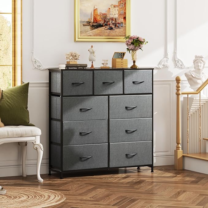 WLIVE 9-Drawer Dresser, Fabric Storage Tower for Bedroom, Hallway, Entryway, Closet, Tall Chest Organizer Unit with Fabric Bins, Steel Frame, Wood Top, Easy Pull Handle, Dark Grey - Image 4