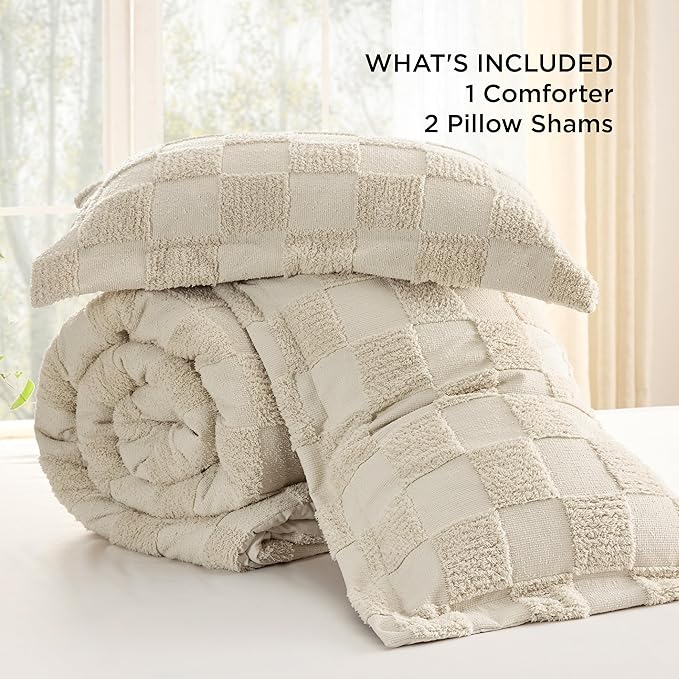 Bedsure King Size Comforter Set Emerald, Boho Tufted Bed Set, Checkered Farmhouse Shabby Chic Bedding, 3 Pieces, 1 Plaid Geometric Comforter and 2 Pillow Shams