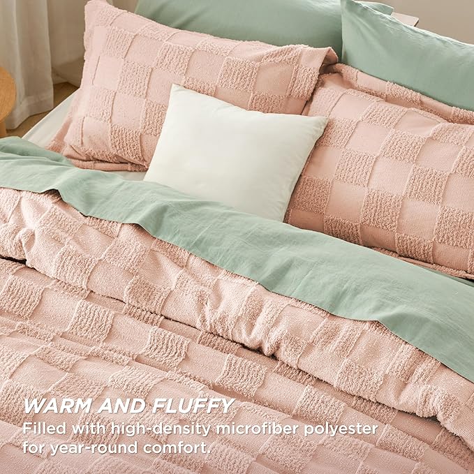 Bedsure Twin/Twin XL Comforter Set Dusty Rose, Boho Tufted Bed Set, Checkered Farmhouse Shabby Chic Bedding, 2 Pieces, 1 Plaid Geometric Comforter and 1 Pillow Sham