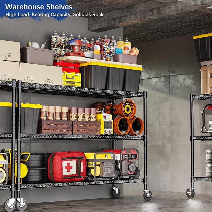 Heavy Duty Shelving, 51.6" H Garage Shelving Unit with Wheels, 3-Tier Garage Storage Shelves Metal Shelves Rack, Adjustable Industrial Shelving for Warehouse Storage, 60" W x 24" D x 51.6" H, Black - Image 2