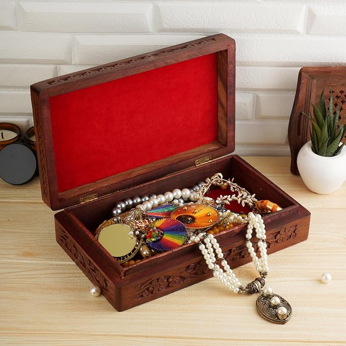 Ajuny Wooden Handcarved Decorative Jewelry Storage Box Flower Design Multipurpose Treasure Chest Keepsake Organizer Necklaces Watch Boxes Great for Gifts 8x5 Inch - Image 4