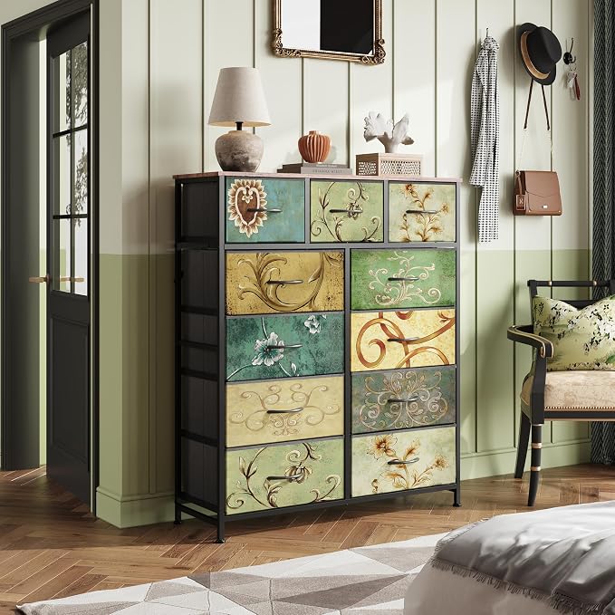WLIVE Tall Dresser for Bedroom, Fabric Dresser Storage Tower, Chest of Drawers Organizer Unit with 11 Drawers, Storage Cabinet, Hallway, Closets, Steel Frame, Wood Top, Vintage,Floral Painted - Image 2