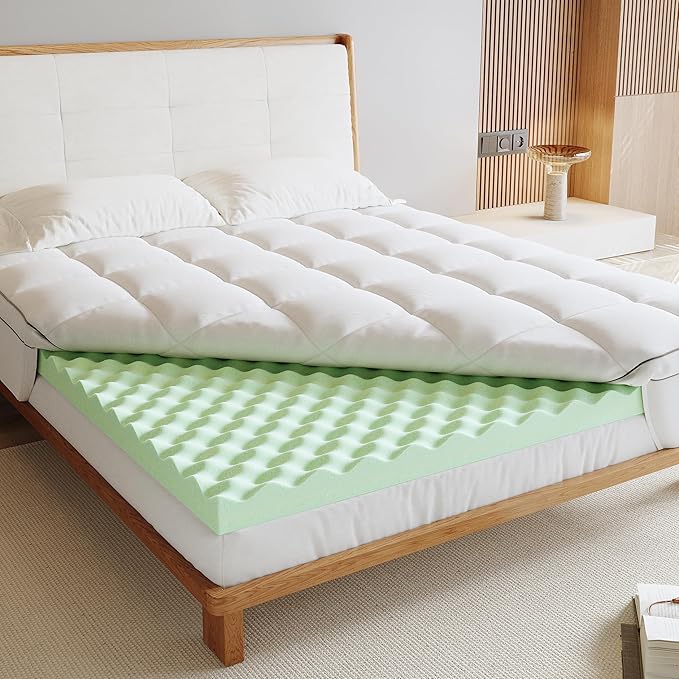 Memory Foam Mattress Topper TwinXL, 4inch Dual Layer Cooling 2''Gel Green Tea Memory Foam & 2" PillowTop Mattress Pad, 8-21inch Deep Pocket, Egg Crate for Back Pain Relief