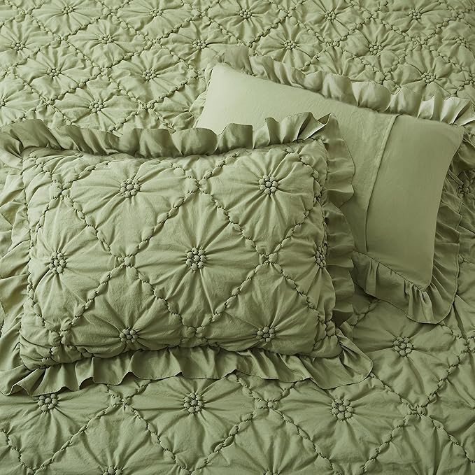 BEDAZZLED King Size Comforter Sets, Green Bedding Comforter Set, 3 Pieces Pinch Pleat Bedding Sets with Comforter and Pillowcases Soft Farmhouse Shabby Chic Comforter for All Season