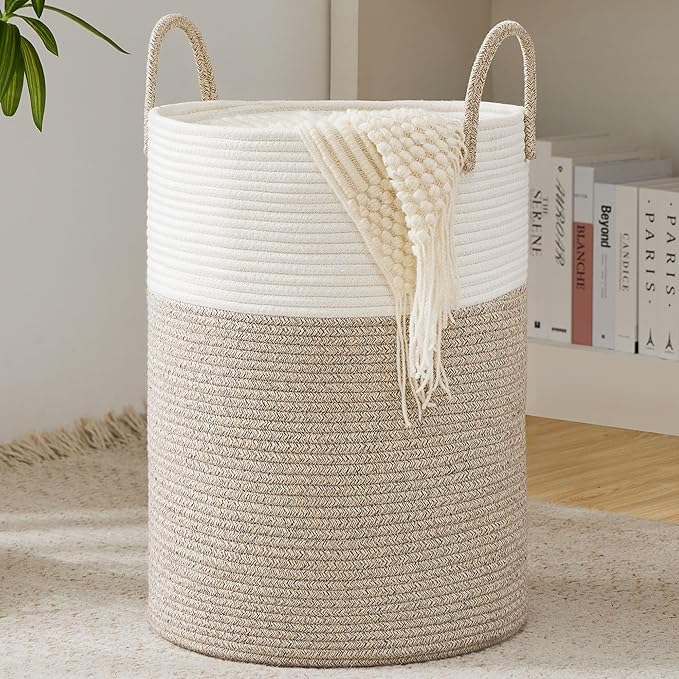 Cotton Rope Laundry Basket by YOUDENOVA, 58L Woven Collapsible Laundry Hamper, Clothes Hamper with Reinforced Handles in the Laundry Room, Bedroom, Bathroom, Brown by YOUDENOVA