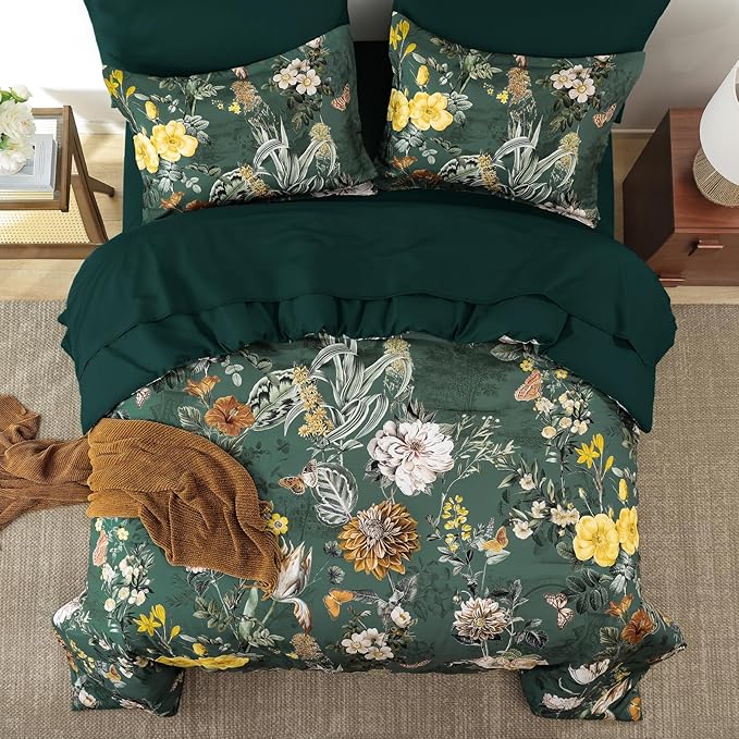 WONGS BEDDING Green Comforter Set King,7 Pieces Floral Comforter Set for All Seasons,Bed in a Bag King with Botanical Flowers Comforter, Sheets, Pillowcases & Shams
