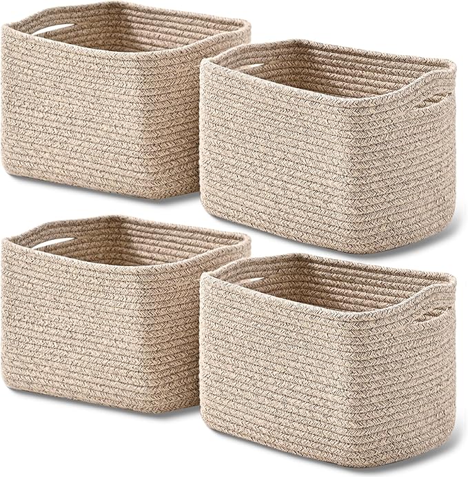 ICERZCZ Small Storage Baskets for Shelves Organizing, Woven Cotton Rope Baskets for Storage, Book Basket, Decorative Shelf Basket, 12.5"Lx9.1''Wx7.9''H (4 Packs) Mixed Brown by ICERZCZ
