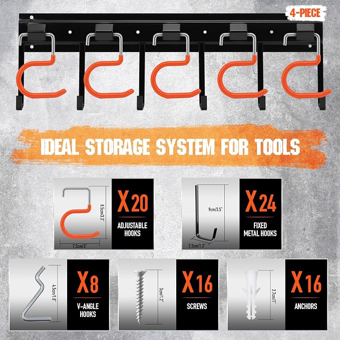 ELEAD 68'' All Metal Adjustable Garden Tool Organizer: Garage Tool Organizer Wall Mount with Orange Hooks, Garage Organizers and Storage, Tool Hangers for Shed - Image 4