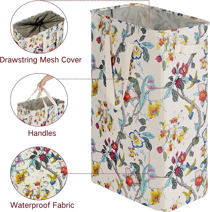 efluky Slim Laundry Basket, Narrow Laundry Hamper with Handles, Collapsible Dirty Clothes Hamper, Tall Laundry Bin for Laundry Room, Dorm and Bedroom, 19.8 Gallon (75L) Floral - Image 3