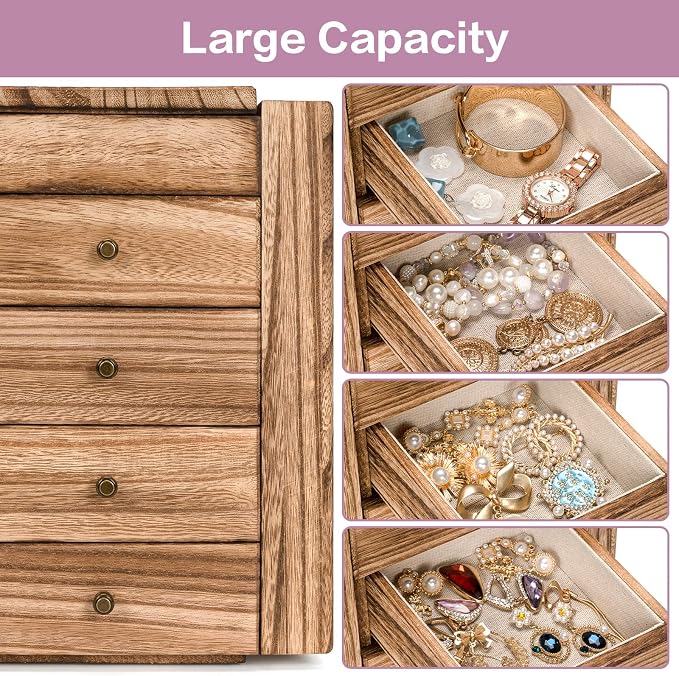 Meangood Jewelry Box Wood for Women, 5-Layer Large Organizer Box with Mirror & 4 Drawers for Rings, Earrings, Necklaces, Vintage Style, Torched Wood - Image 5