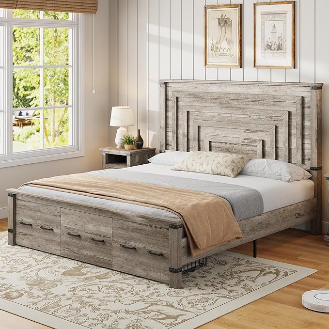AMERLIFE 5 Pieces Farmhouse Bedroom Set, Includes Rustic King Bed Frame with 51" Tall Headboard, 6 Drawer Dresser, 5 Drawer Tall Chest, Nightstands Set of 2 with Charging Station, Rustic Grey