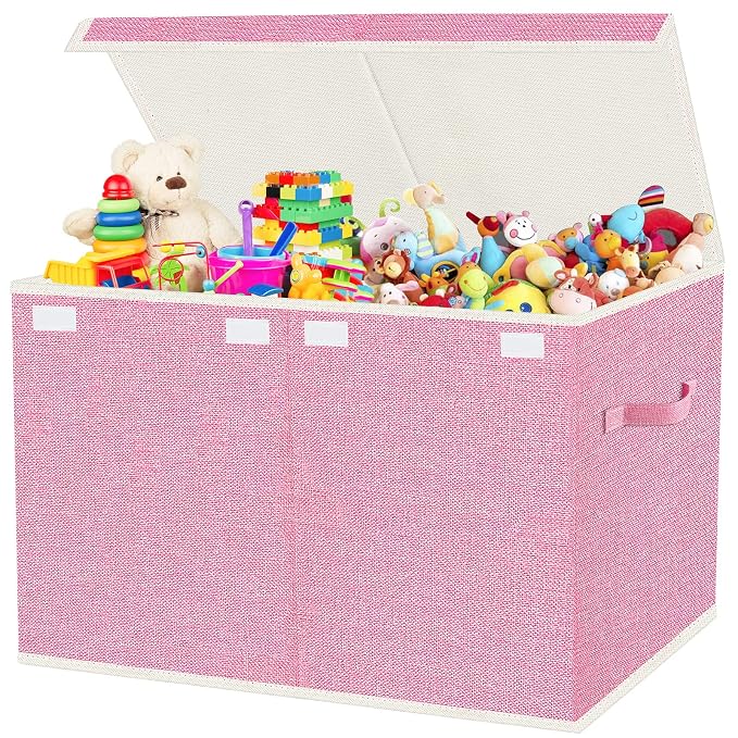 VERONLY Large Collapsible Toy Storage Box with Lid & Handles - Kids Organizer Chest for Toys, Clothes, Blankets (Pink, Nursery, Playroom, Bedroom)-24.5''×13''×16'' by VERONLY