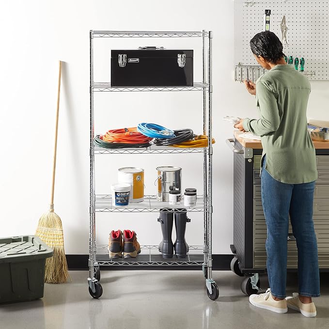 Amazon Basics 5-Shelf Adjustable, Heavy Duty Storage Shelving Unit on 4" Wheel Casters, Easy to Move Portable Wire Shelving, No Tools Needed for Easy Assembly, 30" x 14" x 64.8", Chrome - Image 2
