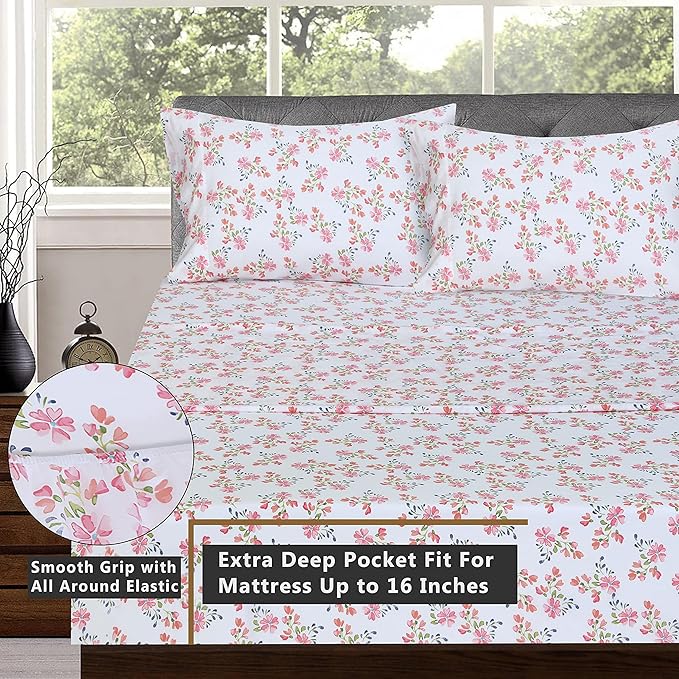 RUVANTI 100% Cotton Sheets – Full Size Percale Bedding, Cooling & Breathable Floral Design, Durable with a Crisp, Soft & Comfortable Feel, 16" Deep Pocket, 4-Piece Set, Bloomex