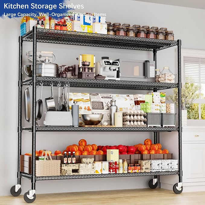 Heavy Duty Shelving, 76.2" H Garage Shelving Unit with Wheels, 4-Tier Garage Storage Shelves Metal Shelves Rack, Adjustable Industrial Shelving for Warehouse Storage, 60" W x 24" D x 76.2" H, Black - Image 2