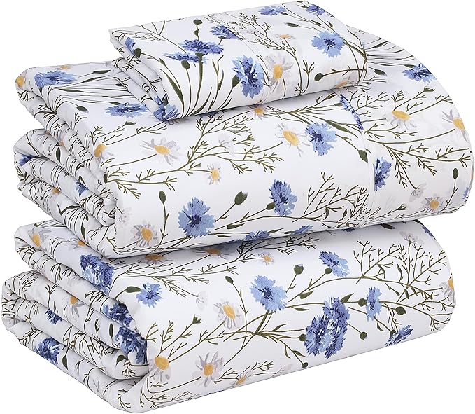RUVANTI 100% Cotton Sheets – Twin Size Percale Bedding, Cooling & Breathable Floral Design, Durable with a Crisp, Soft & Comfortable Feel, 16" Deep Pocket, 3-Piece Set, Sweet Pea