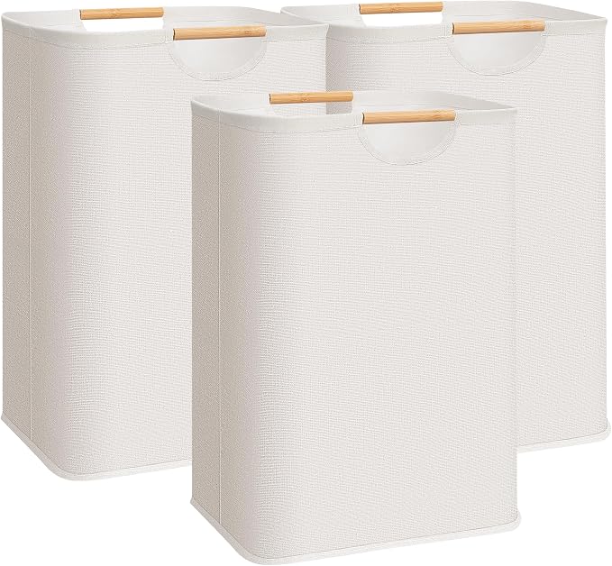 STORAGE MANIAC 3-Pack Large Laundry Hamper, 80L (21.1 Gal) Collapsible Laundry Basket with Bamboo Handles, Freestanding Waterproof Clothes Hamper for Laundry Room, Bedroom, Dorm, Towels, Toys, Beige by STORAGEMANIAC