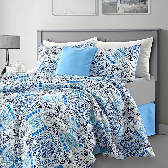 LUX Décor Reversible 4pc Twin Comforter Set, Printed Bedding Set, All-in-One Bed in a Bag, Includes 1 Comforter, 1 Pillow Sham, 1 Decor Pillow & 1 Bed Skirt (Aztec Sky,Twin)