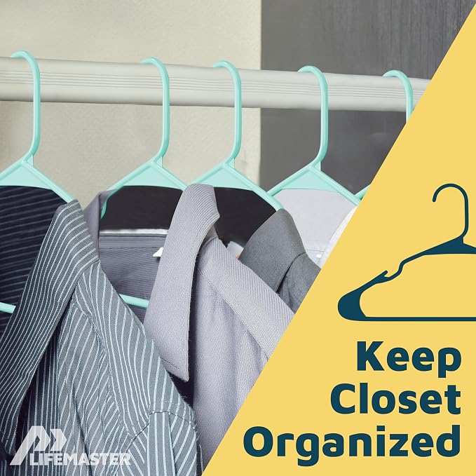 Lifemaster Plastic Clothes Hangers – Heavy Duty Hanger Set, for Organizing Clothes, Dresses, and Coat, Holds Up to 5 lbs, Space-Saving Hangers with Non-Slip Shoulder Grooves, Pack of 80, Aqua - Image 5