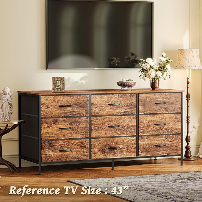 Huuger 9 Drawer Dresser, 47 Inch Dresser TV Stand for 50, 55 Inch TV, Entertainment Center with Drawers, Fabric Chest of Drawer for Bedroom, Closet, Rustic Brown