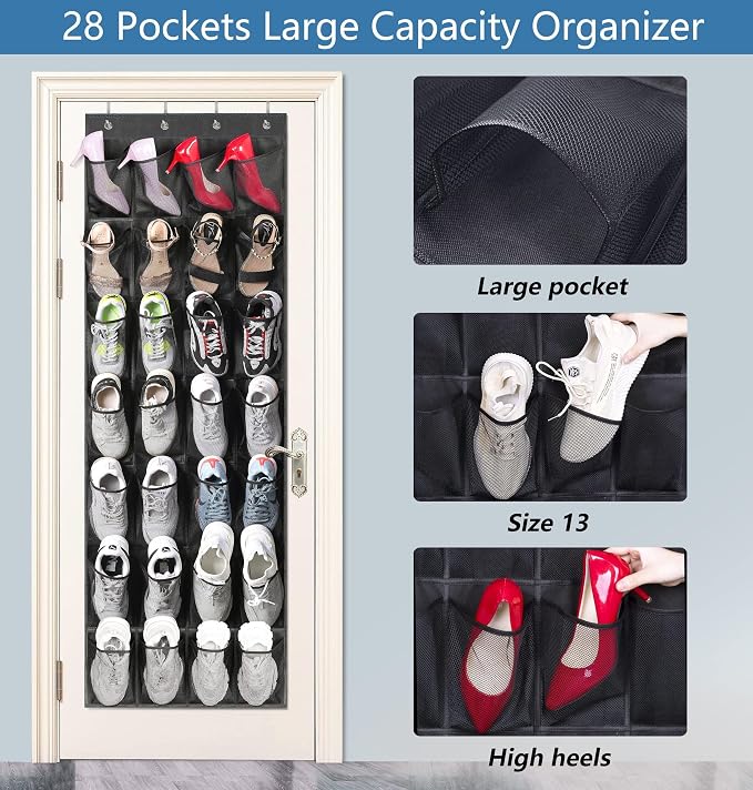 MISSLO 28 Large Pockets Hanging Shoe Organizer Over The Door Shoe Rack for Closet Door Storage Mesh Shoe Holder Hanger for Men, Black - Image 2