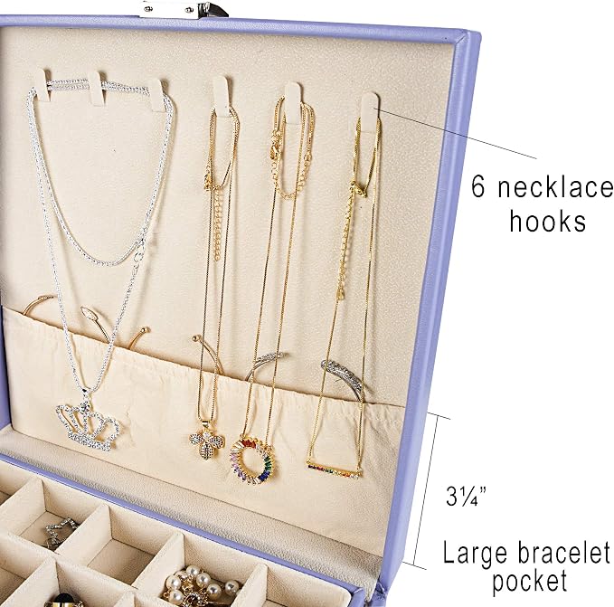 Frebeauty Earring Organizer Classic Jewelry Box 50 Slots Double Layer Jewelry Storage Case with 6 Necklace Hook and Bracelet Pocket(Purple) - Image 3
