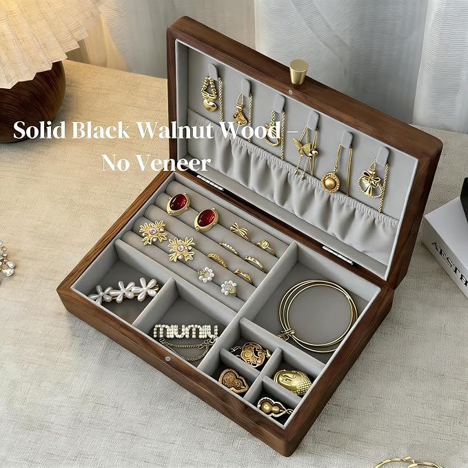 Bescott 1 Layer Solid Black Walnut Wooden Jewelry Box for Women Wood Vintage Organizer for Men Earrings Rings Necklaces Bracelet Watch Storage - Image 4