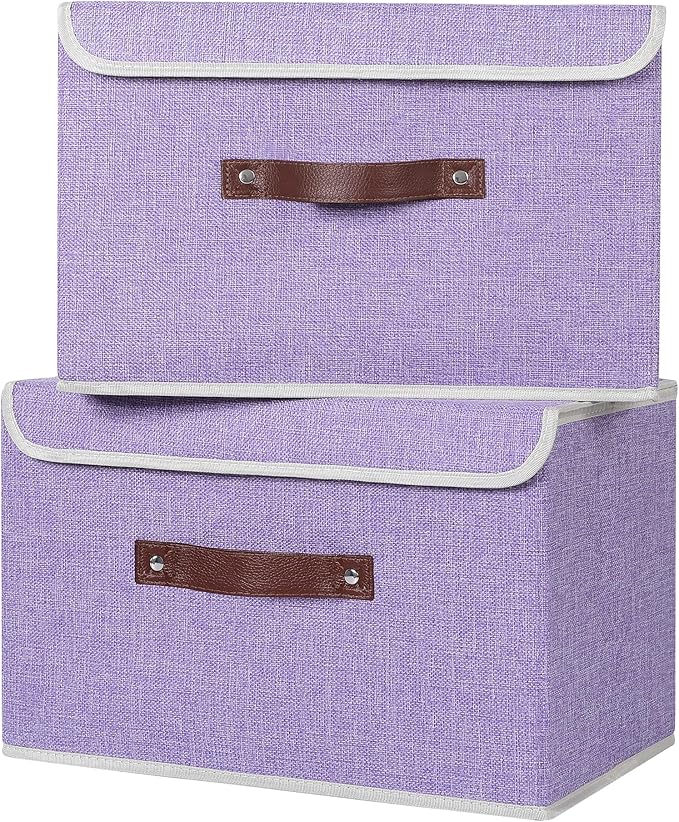 ANMINY Storage Bin with Lid Storage Boxes with PU Leather Handles PP Plastic Board Decorative Foldable Lidded Cotton Linen Fabric Home Cubes Baskets Closet Organizer Container - Purple, Medium - Image 6
