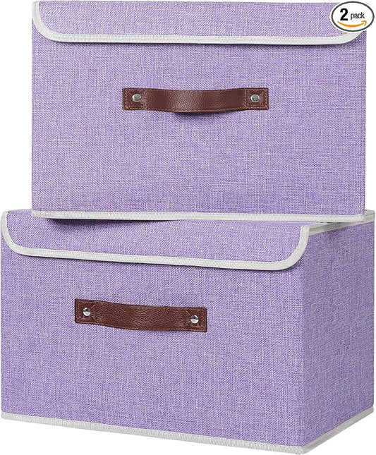 ANMINY 2PCS Storage Bins with Lid PU Leather Handles Storage Boxes PP Plastic Board Decorative Foldable Lidded Cotton Linen Fabric Home Cubes Baskets Closet Organizer Containers - Purple, Large Size by ANMINY